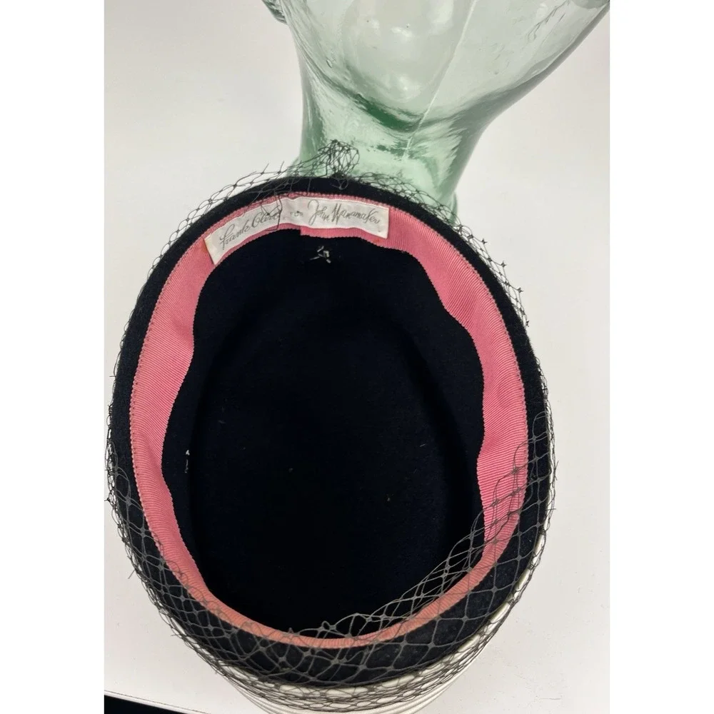 Vintage Pillbox Hat Satin Ribbon Black Ivory Rhinestone Accent Netting Wanamaker